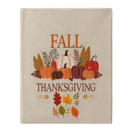 Embroidered Leafy Fall Thanksgiving Blanket with Pumpkins – Lightweight Throw
