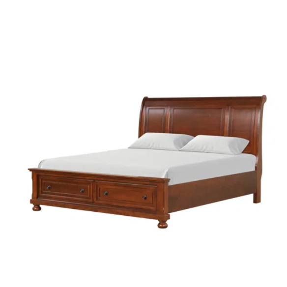 Cherry Brown King Size Platform Bedroom Set with Real Wood Veneers, Full Extension Footboard Storage Drawers, and Matching Large-Scale Dressers, Nightstands, and Mirror