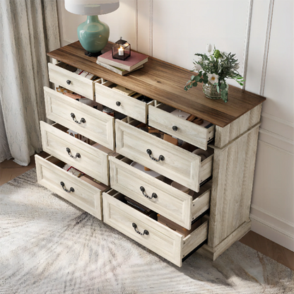 Rustic Modern 9-Drawer 53.5'' Double Dresser with Inset Paneling, Crown Molding, and Customizable Metal Handles