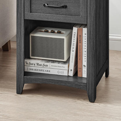 Farmhouse-Style Nightstand with Built-In Charging Station – Engineered Wood, Spacious Top, Drawer & Open Compartment, Matte Black Metal Handle, USB-A & USB-C Ports, AC Outlets, Ideal for Bedroom or Living Room