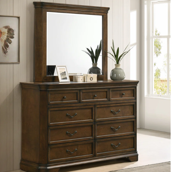 Transitional 6-Piece Bedroom Set with Panel Bed, Dresser, Mirror, Chest, and Nightstands – Featuring Trio Panel Headboard and Footboard, Dust-Proof Drawers, Dual-Tone Finish, and Dark Nickel Hardware for a Stylish and Functional Bedroom