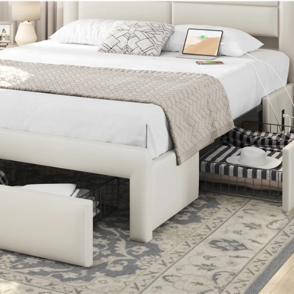 King Size Vegan Leather Metal Platform Storage Bed with 3 Drawers, Tufted Headboard, and Built-In USB Ports – Modern Design for Ultimate Comfort and Convenience