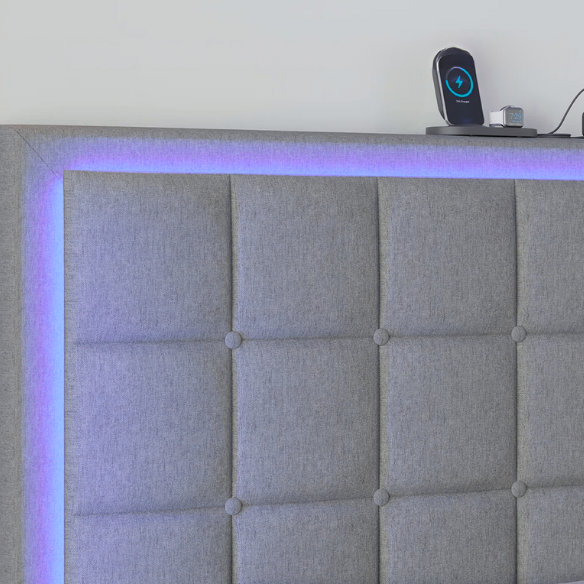King Size Button-Tufted Platform Bed with LED Headboard, Built-in Charging Station, and Under-Bed Storage – Modern Convenience Meets Stylish Design