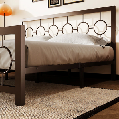 Modern King Size Metal Open-Frame Platform Bed with Art Deco-Inspired Circle Medallion Details – Sleek, Clean-Lined Design with Sturdy Metal Frame and Minimalist Aesthetic