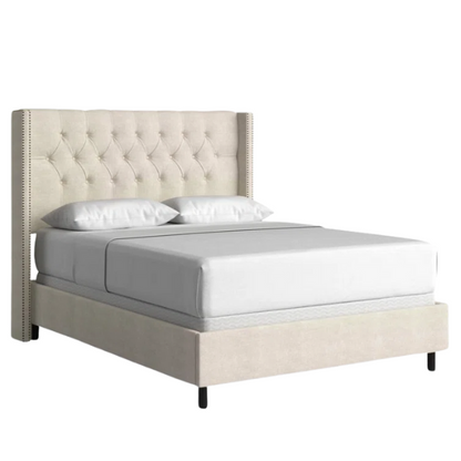 Timeless Upholstered Wingback King Size Bed with Button Tufting and Nailhead Trim