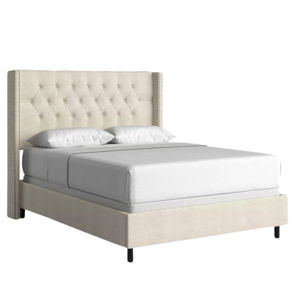 Timeless Upholstered Wingback King Size Bed with Button Tufting and Nailhead Trim