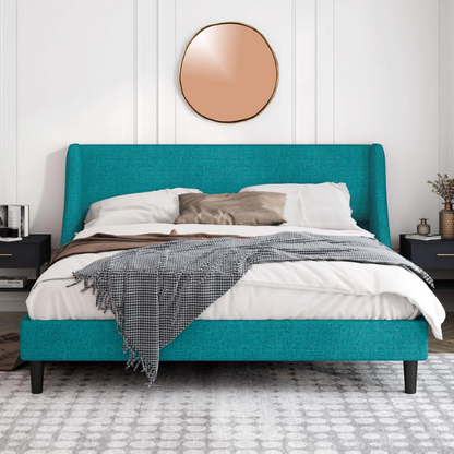 Luxurious King Size Upholstered Platform Bed with Deluxe Wingback Headboard – Soft Velvet and Linen Blend Upholstery, Sturdy Solid Wood Frame, and Modern Minimalist Design for Ultimate Comfort