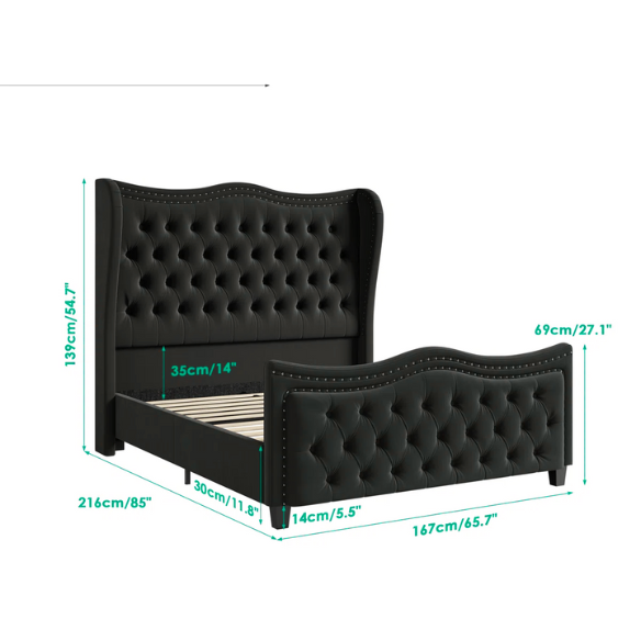 Gem-Tufted Queen Size Upholstered Wingback Bed with Curved Design