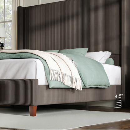 Queen Size Upholstered Wingback Platform Bed in Ribbed Corduroy Fabric