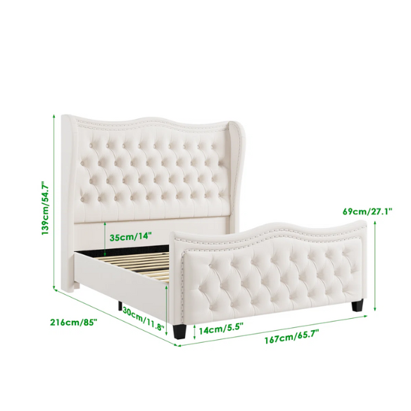 Gem-Tufted Queen Size Upholstered Wingback Bed with Curved Design