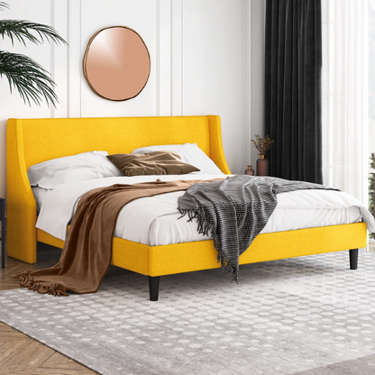 Luxurious King Size Upholstered Platform Bed with Deluxe Wingback Headboard – Soft Velvet and Linen Blend Upholstery, Sturdy Solid Wood Frame, and Modern Minimalist Design for Ultimate Comfort