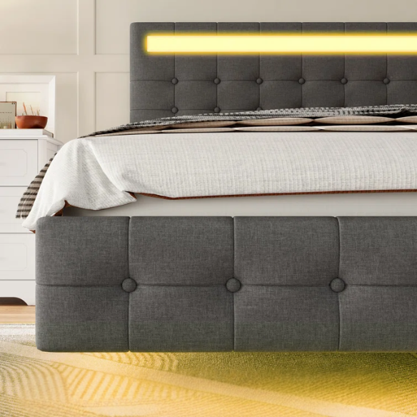Queen Size LED Lit Platform Bed with Tufted Headboard – Modern and Stylish Design