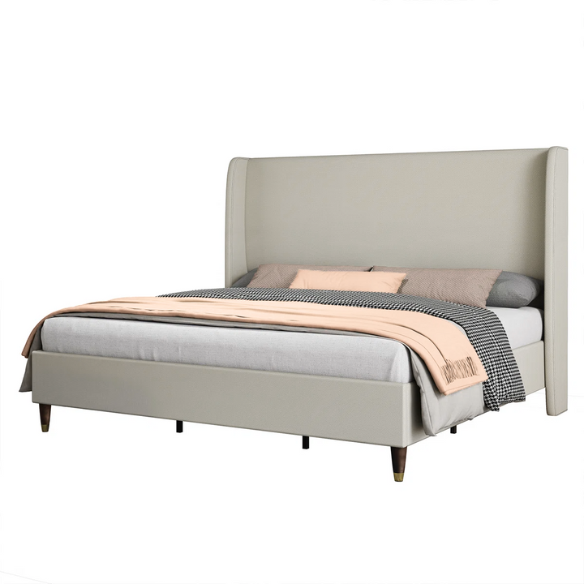 King Size Upholstered Platform Bed with Wingback Design, Foam-Padded Linen Headboard, and Steel Reinforced Frame
