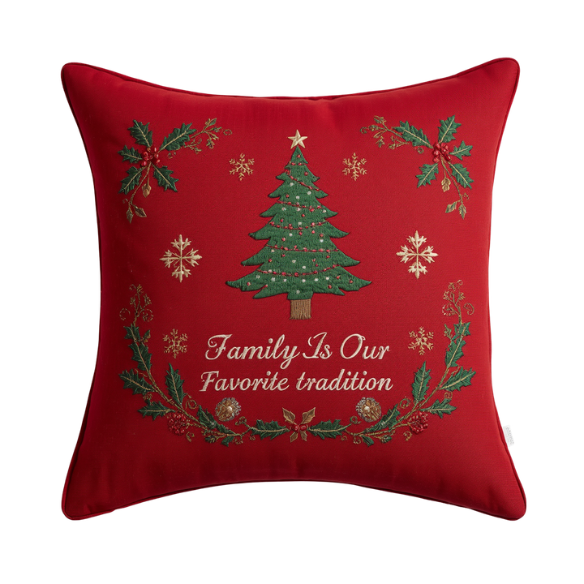 Sentimental Embroidered 'Family is Our Favorite Tradition' Red Throw Pillow