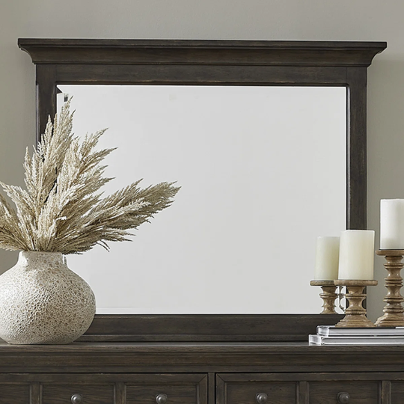 Timeless Queen Bedroom Set with Saddle Brown Panel Bed, Dresser, Mirror, and Antique Pewter Hardware