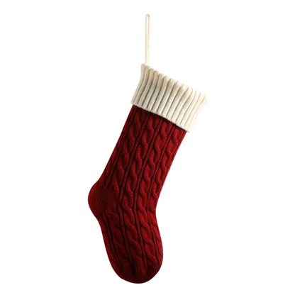 Red & White Knitted Christmas Stocking – Cable Knit Holiday Gift Bag with Soft Lining