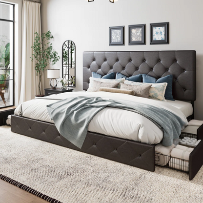 King Size Upholstered Platform Bed with Storage Drawers, Padded Headboard, and Sophisticated Button Tufting