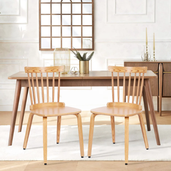 Solid Wood Slat Back Windsor Dining Chairs (Set of 2) – Sturdy, Eco-Friendly Construction with Ergonomic Backrest & Adjustable Foot Pads
