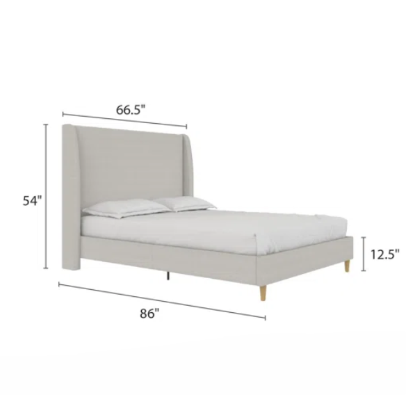 Luxurious Queen Size Upholstered Wingback Bed in Soft Linen Fabric