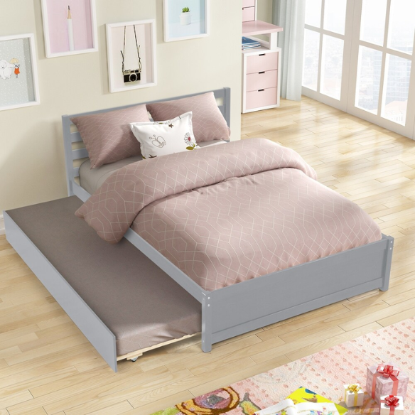 Wooden Full Size Bed with Headboard and Trundle – Space-Saving Design & Versatile Sleeping Solution
