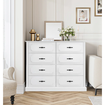 Classic Modern 8-Drawer Double Dresser with Picture Frame Paneling, Decorative Black Metal Handles, and French Country Style