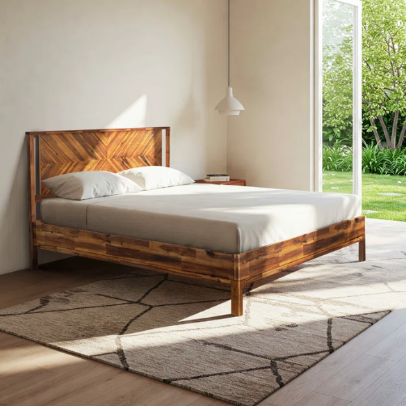 Solid Wood Platform King Size Bed with Headboard – Rustic Wood Frame with Steel Reinforcement for Ultimate Stability and Comfort
