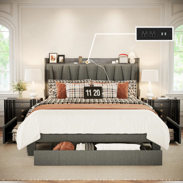 Upholstered Full/Double Bed Frame with 3 Drawers, Storage Headboard & Built-In Charging Station – Stylish & Functional Design