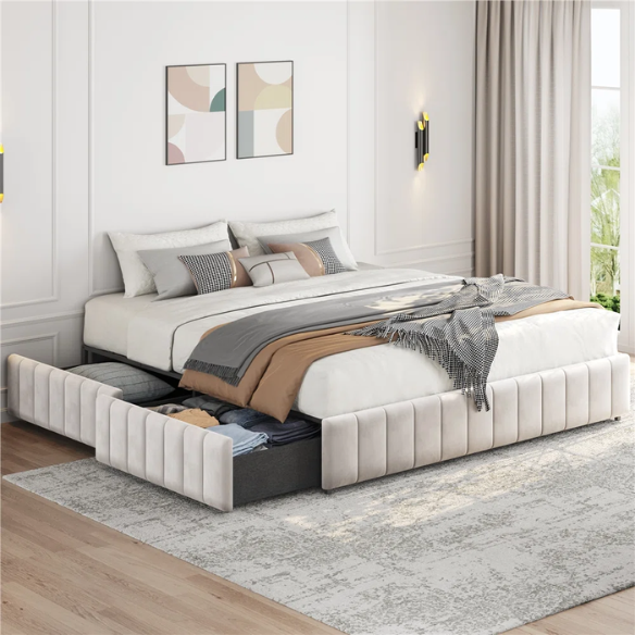 King Size Upholstered Platform Storage Bed with Velvet Fabric, Channel-Tufted Accents, and Built-In Drawers for Extra Storage