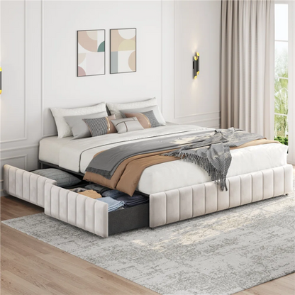 King Size Upholstered Platform Storage Bed with Velvet Fabric, Channel-Tufted Accents, and Built-In Drawers for Extra Storage