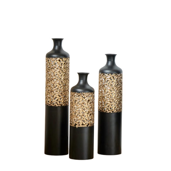 Elegant Matte Black Large Floor Vase Set (3-Piece) – Gold Baroque Vine Detailing, Metal Flower Vases for Sophisticated Home Décor