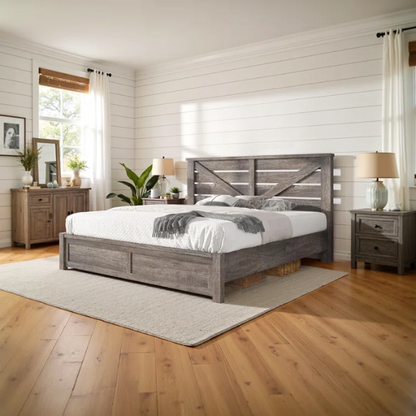 Farmhouse Classic Bed Frame with 49.2" Barn Door-Inspired Headboard, Ample Under-Bed Storage, Sturdy Metal Frame, and Silent Cotton Padding for Peaceful Sleep