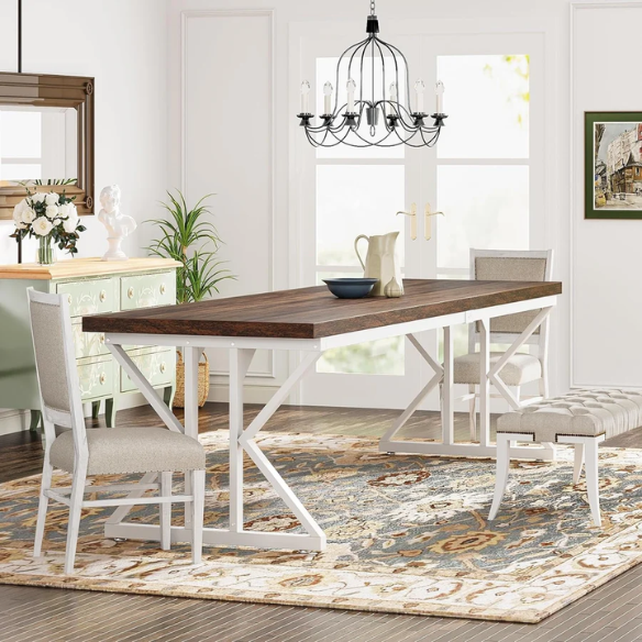 Farmhouse Dining Table for 6-8 People – Rectangular Wood Kitchen Table with X-Shaped Accents, Spacious & Multifunctional for Dining, Office, or Gathering