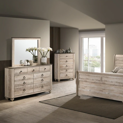 Charming 6-Piece White Wash Finish Bedroom Set with Sleigh Bed, Dresser, Mirror, Nightstands, and Chest – Antique Bronze Accents and Rustic Elegance