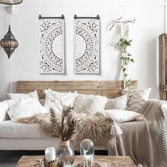 Boho Floral Wall Décor Set (Set of 2) – Hand-Carved Flower Medallion Panels with Modern Farmhouse Iron Bar Accent