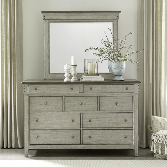 Farmhouse-Inspired Queen Bedroom Set  Panel Bed, Dresser, Mirror, and Nightstand with Built-in Charging Station