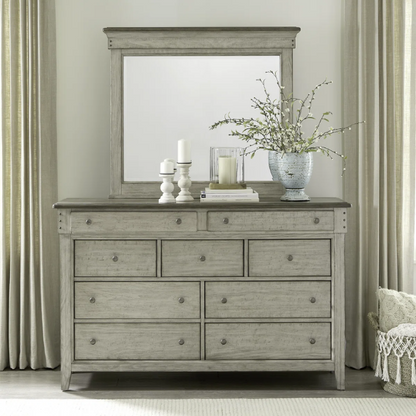 Farmhouse-Inspired Queen Bedroom Set  Panel Bed, Dresser, Mirror, and Nightstand with Built-in Charging Station