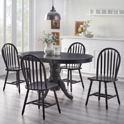 Farmhouse Solid Rubberwood Dining Table with 22-Inch Extension Leaf – Pedestal Base, Seats 6, Available in Oak, Matte Black, White/Natural, Grey/Walnut Finishes