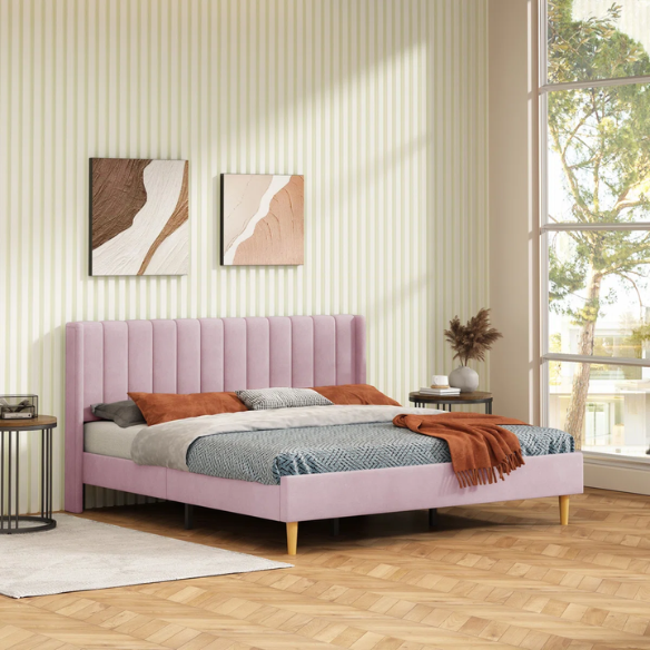Luxury Corduroy Upholstered King Size Platform Bed Frame - Stylish Modern Wingback Design with Ultimate Comfort