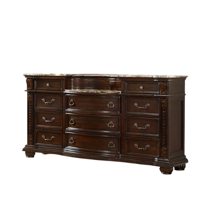 Classic Elegance 5-Piece Queen Bedroom Set in Dark Walnut with Button-Tufted Headboard, Marble-Topped Nightstand, 11-Drawer Dresser, Beveled Mirror, and Storage Chest