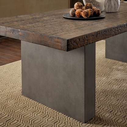 Reclaimed Wood and Concrete Dining Table – Chic, Artisan Crafted Brown Dining Table with Concrete and Hand-Finished Reclaimed Wood Base, Perfect for Modern Dining Spaces
