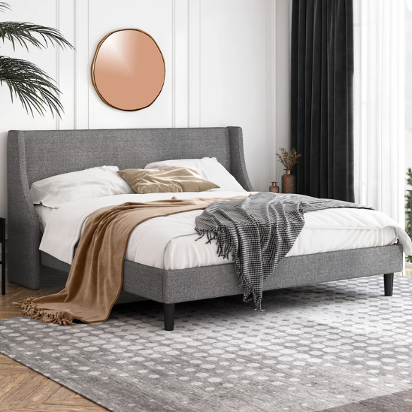 Luxurious King Size Upholstered Platform Bed with Deluxe Wingback Headboard – Soft Velvet and Linen Blend Upholstery, Sturdy Solid Wood Frame, and Modern Minimalist Design for Ultimate Comfort