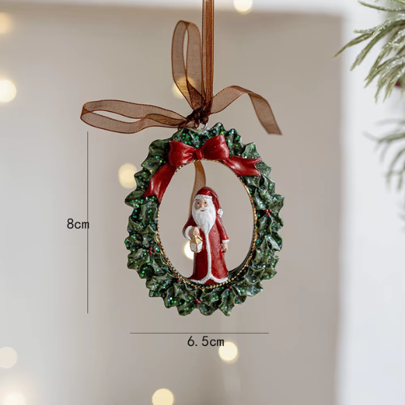 Santa with Wreath Christmas Ornament – Festive Holiday Décor with Red Bow and Lantern Detail