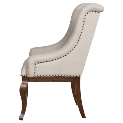 Beige Button Tufted Upholstered Arm Chairs with Dark Brown Wooden Legs (Set of 2) – Elegant Accent Dining or Lounge Seating