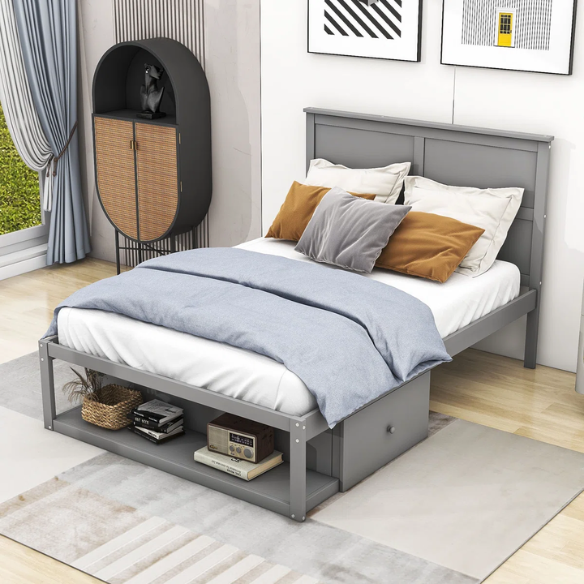 Gray Wooden Full Size Platform Bed with Headboard, 2 Drawers & Built-In Shelf – Stylish Storage & Functional Design