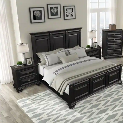 Timeless Vintage Black Wood 6-Piece Traditional Bedroom Set with Double-Panel Bed, Silvertone Accents, and Fluted Pilasters