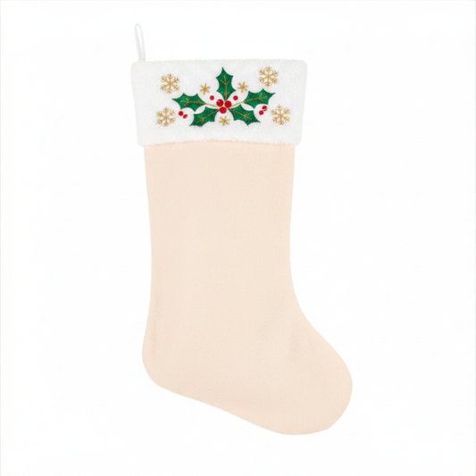 Light Cream Christmas Stocking with Embroidered Holly and Snowflake Cuff