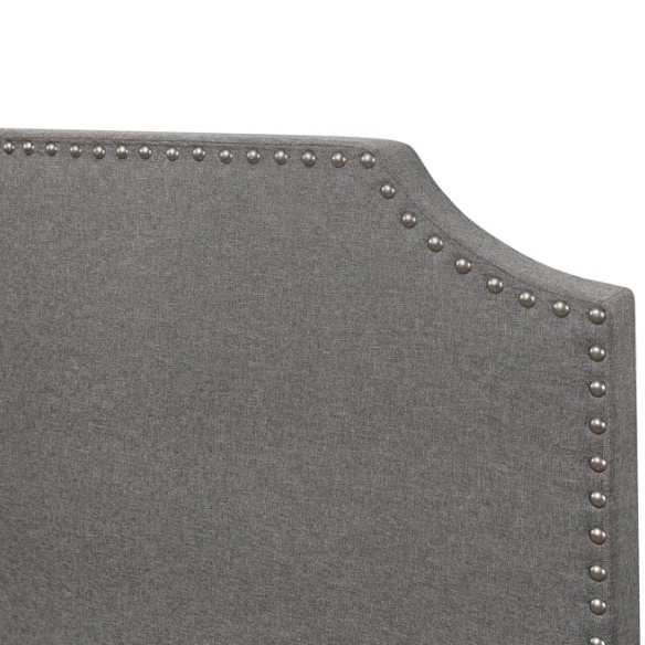 King Size Upholstered Standard Bed with Scooped Corner Headboard, Nailhead Trim, and Tapered Support Feet – Neutral Gray Polyester Fabric