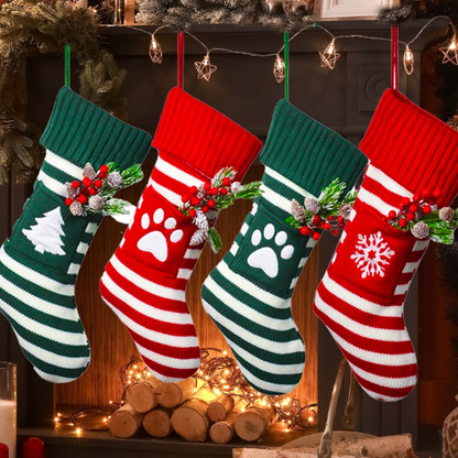 Red & White Striped Christmas Stocking with Embroidered White Paw – Festive Holiday Decor & Gift Bag