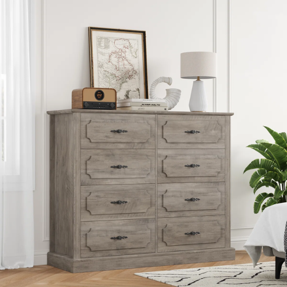 Classic Modern 8-Drawer Double Dresser with Picture Frame Paneling, Decorative Black Metal Handles, and French Country Style