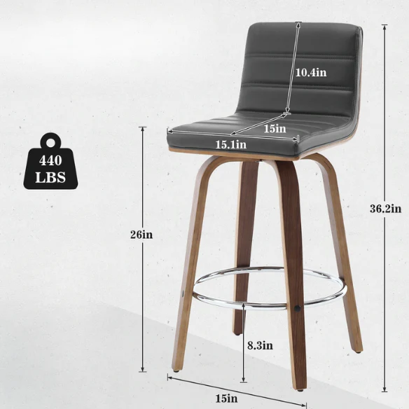 Mid-Century Modern Faux Leather Swivel Counter/Bar Stools – 360° Swivel, Padded PU Leather Seat & Back, Durable Bentwood Legs, Metal Footrest, Supports Up to 440lbs for Home Bar or Kitchen
